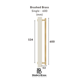 A dimension diagram of a brushed brass single cabinet handle, showing a height of 600 mm, a width of 53 mm, and a total length of 534 mm, with the Modern Brass Home Hardware logo at the bottom.