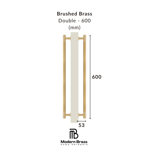 Measurement chart of a brushed brass double door handle with dimensions on a white background.