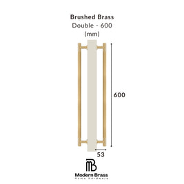 Measurement chart of a brushed brass double door handle with dimensions on a white background.