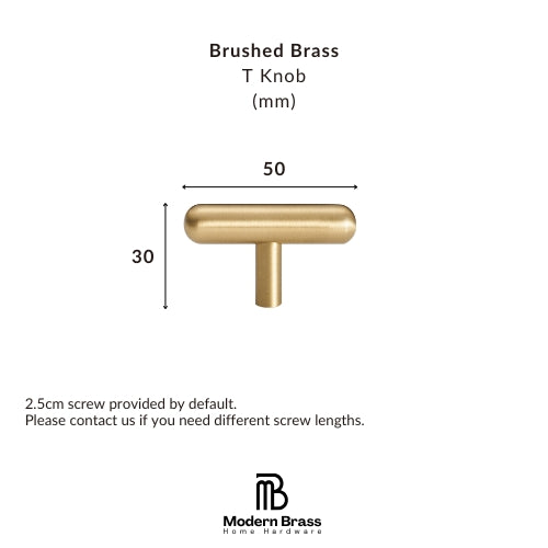A product information graphic for a brushed brass T knob. The image shows a simple 3D rendering of the knob with dimension labels indicating a width of 50mm and a height of 30mm.