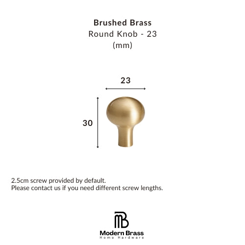 A product information graphic for a brushed brass round cabinet knob. The knob is shown centered with dimension arrows indicating a diameter of 23 mm and a height of 30 mm.
