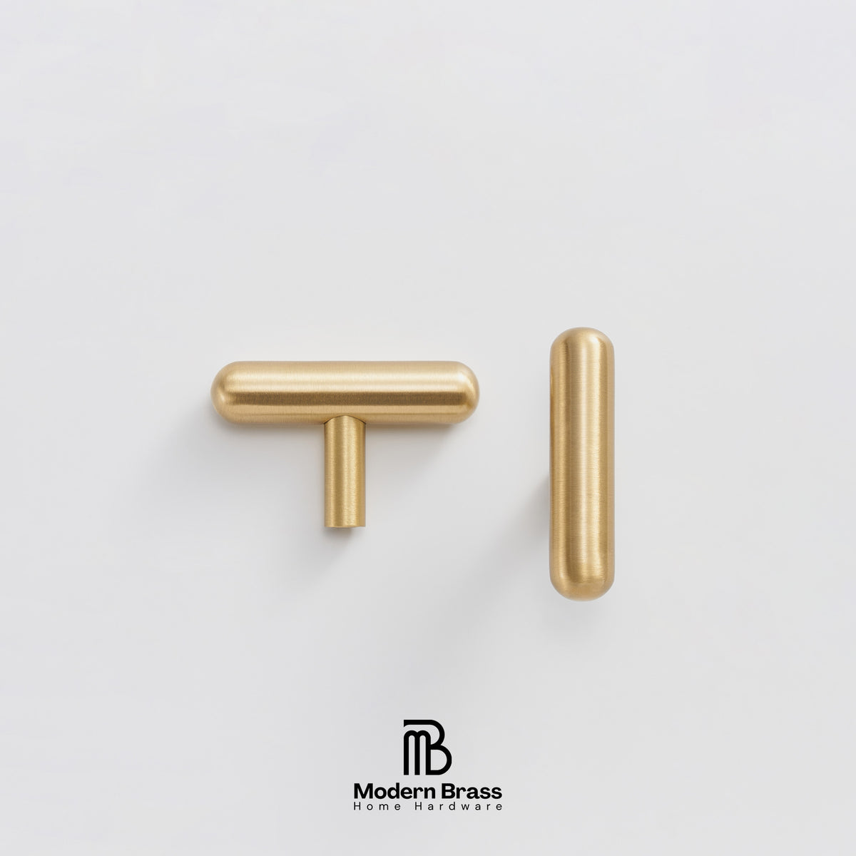 Two brass cabinet hardware pulls, one T-bar and one round cap, shown on a clean white background with the Modern Brass logo at the bottom.