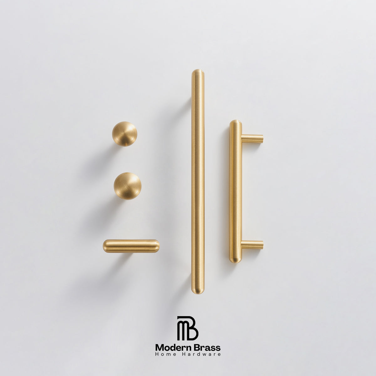 Modern brass door hardware set including two round knobs, two bar pulls, and two end caps, arranged on a light gray background with the Modern Brass Home Hardware logo at the bottom.