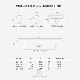 Product types and dimensions chart for CH077 and CH077-N models, showing line drawings of faucet shapes with measurements in millimeters and a table of model, center-to-center distance, height, and weight information on a light gray background. Modern Brass Home Hardware logo appears at the bottom.