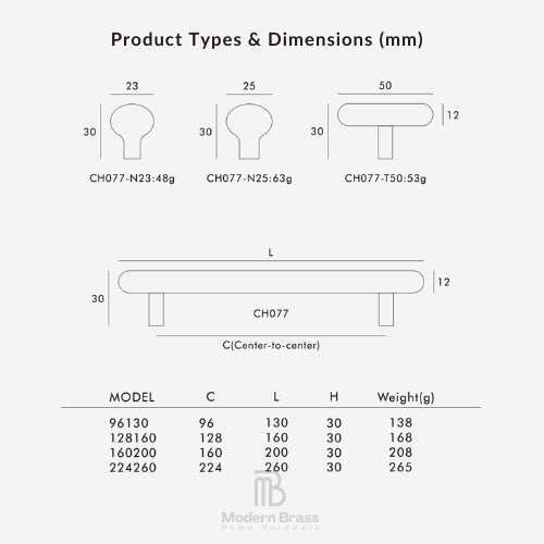 Product types and dimensions chart for CH077 and CH077-N models, showing line drawings of faucet shapes with measurements in millimeters and a table of model, center-to-center distance, height, and weight information on a light gray background. Modern Brass Home Hardware logo appears at the bottom.