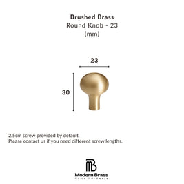 A product information graphic for a brushed brass round cabinet knob. The knob is shown centered with dimension arrows indicating a diameter of 23 mm and a height of 30 mm.