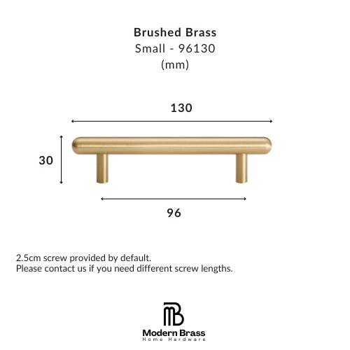 Technical dimension diagram of a brushed brass cabinet pull handle, showing a small round bar with two posts, labeled with measurements 130, 30, and 96, on a white background with the Modern Brass logo.