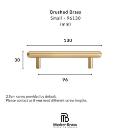 Technical dimension diagram of a brushed brass cabinet pull handle, showing a small round bar with two posts, labeled with measurements 130, 30, and 96, on a white background with the Modern Brass logo.