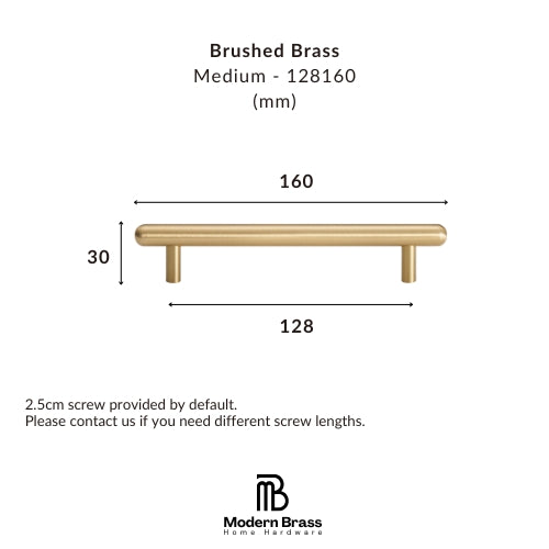 Dimension diagram of a brushed brass cabinet pull handle, showing a medium-length brass bar with a wood-look center section, labeled with measurements 160, 128, and 34, on a white background with Modern Brass Home Hardware branding.