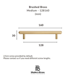 Dimension diagram of a brushed brass cabinet pull handle, showing a medium-length brass bar with a wood-look center section, labeled with measurements 160, 128, and 34, on a white background with Modern Brass Home Hardware branding.