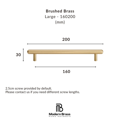A dimension diagram of a brushed brass shelf labeled 'Large - 160200 (mm)' with measurements 200, 160, and 30, plus text noting a 2.5cm screw provided by default.