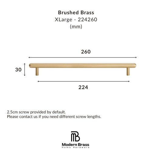 A dimension diagram of a brushed brass XLarge cabinet bar pull by Modern Brass Home Hardware, showing measurements of 260 mm length, 224 mm span, and 30 mm height on a white background.