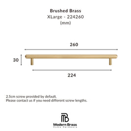 A dimension diagram of a brushed brass XLarge cabinet bar pull by Modern Brass Home Hardware, showing measurements of 260 mm length, 224 mm span, and 30 mm height on a white background.