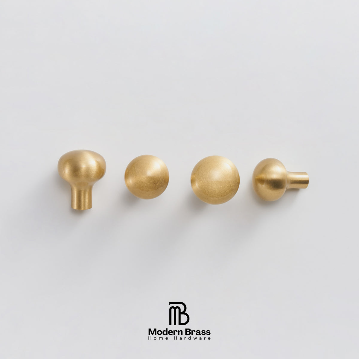 Four brass cabinet knobs in different shapes arranged horizontally on a light gray background, with the Modern Brass Home Hardware logo at the bottom.