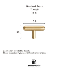 A product information graphic for a brushed brass T knob. The image shows a simple 3D rendering of the knob with dimension labels indicating a width of 50mm and a height of 30mm.