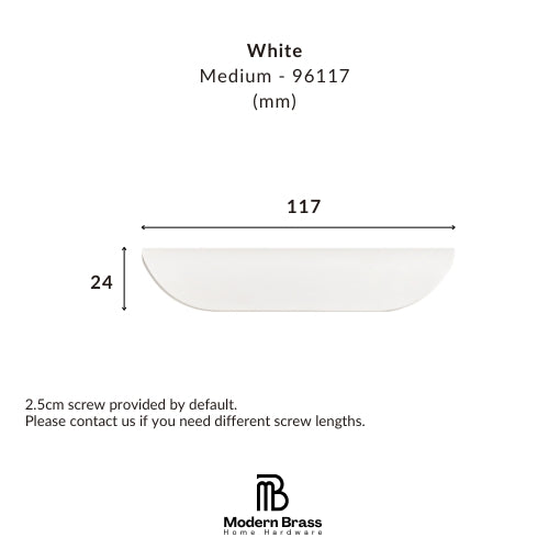Heavyweight white furniture handle for minimalist nursery dressers and changing tables.