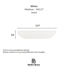 Heavyweight white furniture handle for minimalist nursery dressers and changing tables.