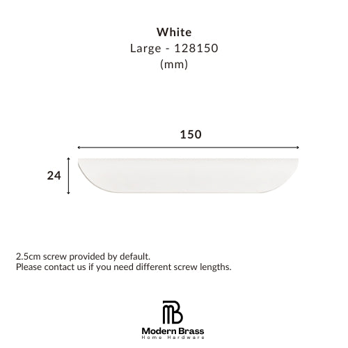 Modern minimalist white crescent pull in solid brass for bright, airy wardrobes.