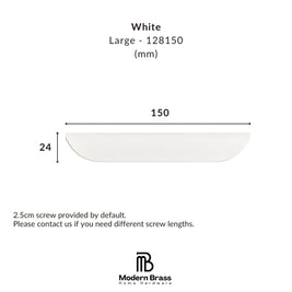 Modern minimalist white crescent pull in solid brass for bright, airy wardrobes.