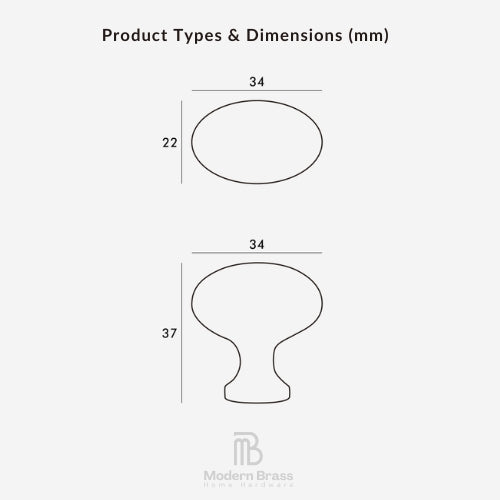 Product types and dimensions diagram for cabinet knobs showing two oval-shaped handles with measurements in millimeters on a light gray background, with the Modern Brass Home Hardware logo at the bottom.