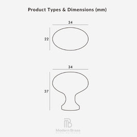 Product types and dimensions diagram for cabinet knobs showing two oval-shaped handles with measurements in millimeters on a light gray background, with the Modern Brass Home Hardware logo at the bottom.