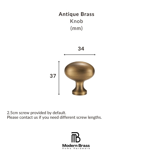 An antique brass knob shown on a white background with dimension labels indicating a 30mm width and 30mm height, plus text noting a 2.5cm screw is included by default.