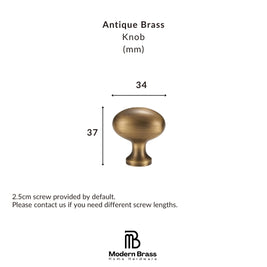 An antique brass knob shown on a white background with dimension labels indicating a 30mm width and 30mm height, plus text noting a 2.5cm screw is included by default.