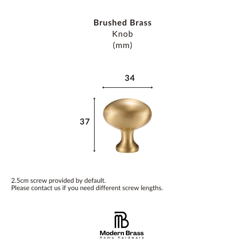 A brass knob shown on a white background with dimension labels indicating a 30 mm width and 30 mm height, plus text stating it is a brushed brass knob and a Modern Brass Home Hardware logo at the bottom.