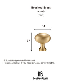 A brass knob shown on a white background with dimension labels indicating a 30 mm width and 30 mm height, plus text stating it is a brushed brass knob and a Modern Brass Home Hardware logo at the bottom.