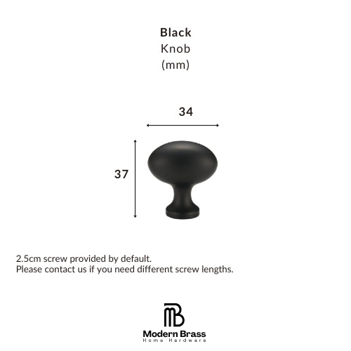 A black round cabinet knob shown with dimension lines and text indicating a height of 37 mm, width of 34 mm, and a default 2.5 cm screw.