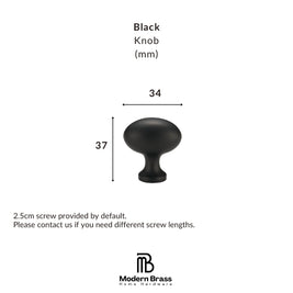A black round cabinet knob shown with dimension lines and text indicating a height of 37 mm, width of 34 mm, and a default 2.5 cm screw.