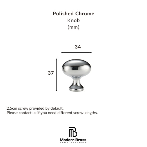 A polished chrome cabinet knob shown with dimension labels indicating a width of 34 mm and height of 37 mm, plus text noting a 2.5 cm screw is included by default.