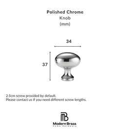 A polished chrome cabinet knob shown with dimension labels indicating a width of 34 mm and height of 37 mm, plus text noting a 2.5 cm screw is included by default.
