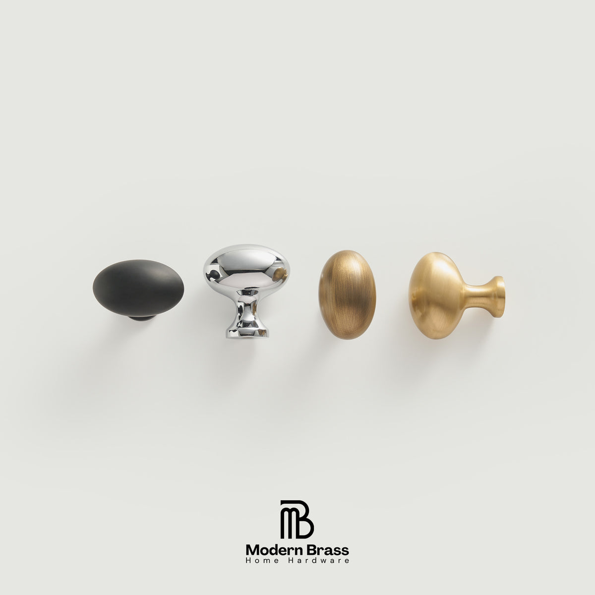 Four cabinet knobs in different finishes arranged in a row on a light gray background: a matte black oval knob, a polished silver dome knob, a brushed gold oval knob, and a brushed gold round knob. The Modern Brass Home Hardware logo is visible at the bottom.