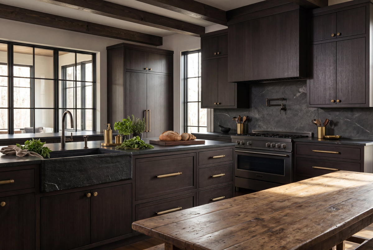 modern luxury kitchen with gold brass cabinet pulls and knobs