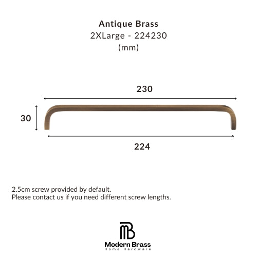 A dimension diagram of an antique brass cabinet handle on a white background, showing measurements of 230mm length, 30mm width, and 224mm depth, with the Modern Brass Home Hardware logo at the bottom.
