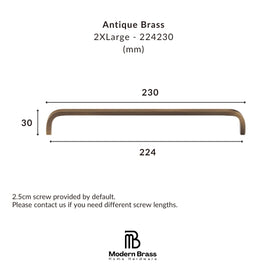 A dimension diagram of an antique brass cabinet handle on a white background, showing measurements of 230mm length, 30mm width, and 224mm depth, with the Modern Brass Home Hardware logo at the bottom.