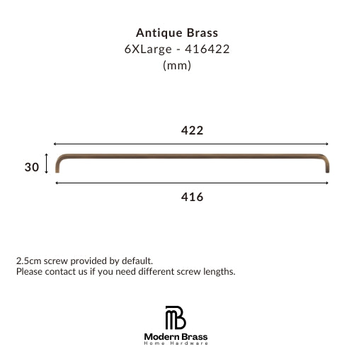 Technical dimension diagram of an antique brass U-shaped handle, showing a length of 422mm and a height of 30mm, with screw length information and the Modern Brass Home Hardware logo.