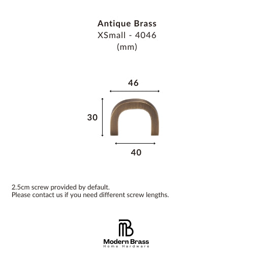A product dimension diagram for an Antique Brass U-shaped hook, labeled XSmall - 4046 (mm), with measurements 46, 30, and 40, plus text noting a 2.5cm screw is included by default.