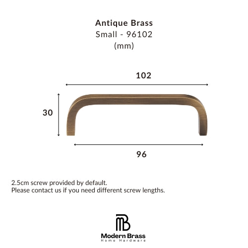 A dimension diagram of an antique brass cabinet pull handle, showing measurements of 102mm width, 30mm height, and 96mm base width, with the Modern Brass Home Hardware logo at the bottom.