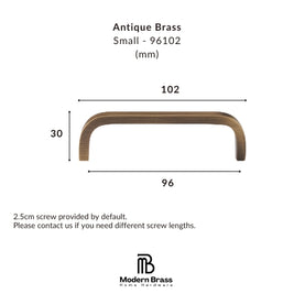 A dimension diagram of an antique brass cabinet pull handle, showing measurements of 102mm width, 30mm height, and 96mm base width, with the Modern Brass Home Hardware logo at the bottom.