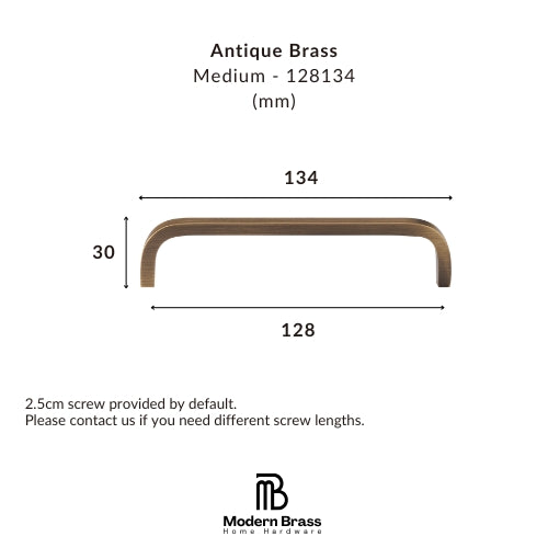 Dimension diagram of an antique brass cabinet pull handle, showing measurements of 134 mm width, 128 mm span, and 30 mm height, with Modern Brass Home Hardware branding.