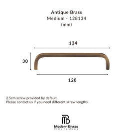 Dimension diagram of an antique brass cabinet pull handle, showing measurements of 134 mm width, 128 mm span, and 30 mm height, with Modern Brass Home Hardware branding.