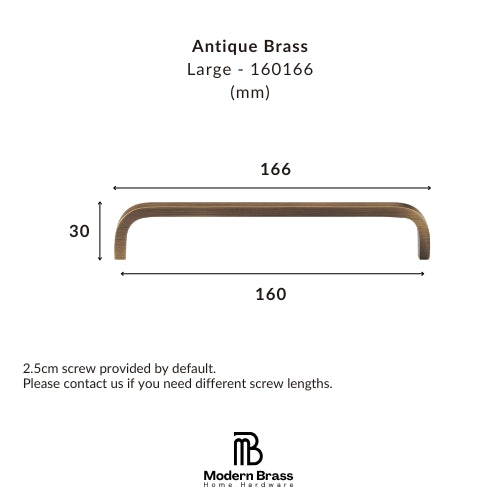 A dimension diagram of a large antique brass cabinet pull handle, showing measurements of 166 mm width, 30 mm height, and 160 mm total width, with the Modern Brass Home Hardware logo at the bottom.