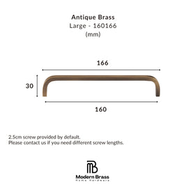 A dimension diagram of a large antique brass cabinet pull handle, showing measurements of 166 mm width, 30 mm height, and 160 mm total width, with the Modern Brass Home Hardware logo at the bottom.