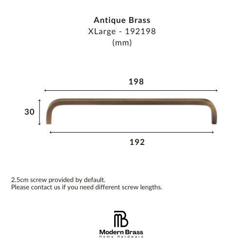 A dimension diagram of an Antique Brass XLarge bar handle, showing a width of 198mm, a height of 30mm, and a total width of 192mm, with the Modern Brass Home Hardware logo at the bottom.