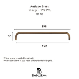 A dimension diagram of an Antique Brass XLarge bar handle, showing a width of 198mm, a height of 30mm, and a total width of 192mm, with the Modern Brass Home Hardware logo at the bottom.