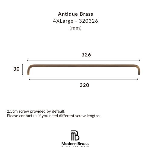 Product dimension diagram for an Antique Brass 4XLarge handle, showing a bronze-finished curved bar with measurements of 326 mm total length, 320 mm span, and 30 mm height, plus screw length note and the Modern Brass Home Hardware logo.