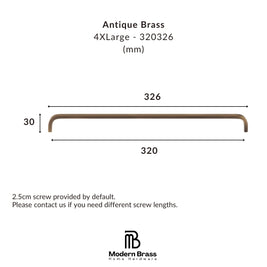 Product dimension diagram for an Antique Brass 4XLarge handle, showing a bronze-finished curved bar with measurements of 326 mm total length, 320 mm span, and 30 mm height, plus screw length note and the Modern Brass Home Hardware logo.