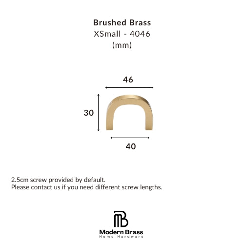 A dimension diagram of a brushed brass U-shaped hardware piece labeled XSmall - 4046, with measurements 46, 30, and 40 mm, plus text noting a 2.5cm screw included by default.